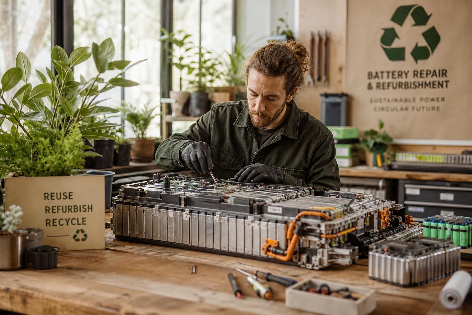 Een technicus repareert een batterij in een duurzame werkplaats omgeven door planten en natuurlijk licht