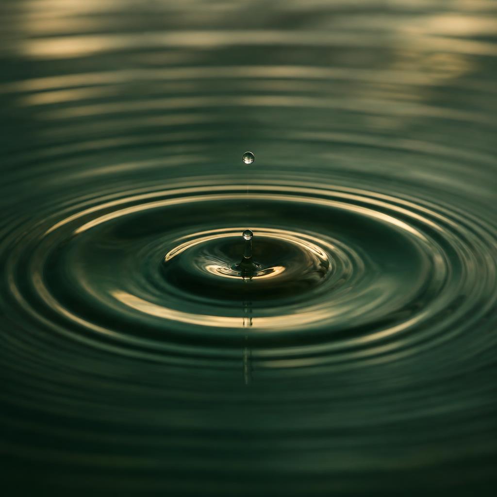 Een waterdruppel die rimpels veroorzaakt in stil, diepgroen water — symbool voor kleine initiatieven met grote impact